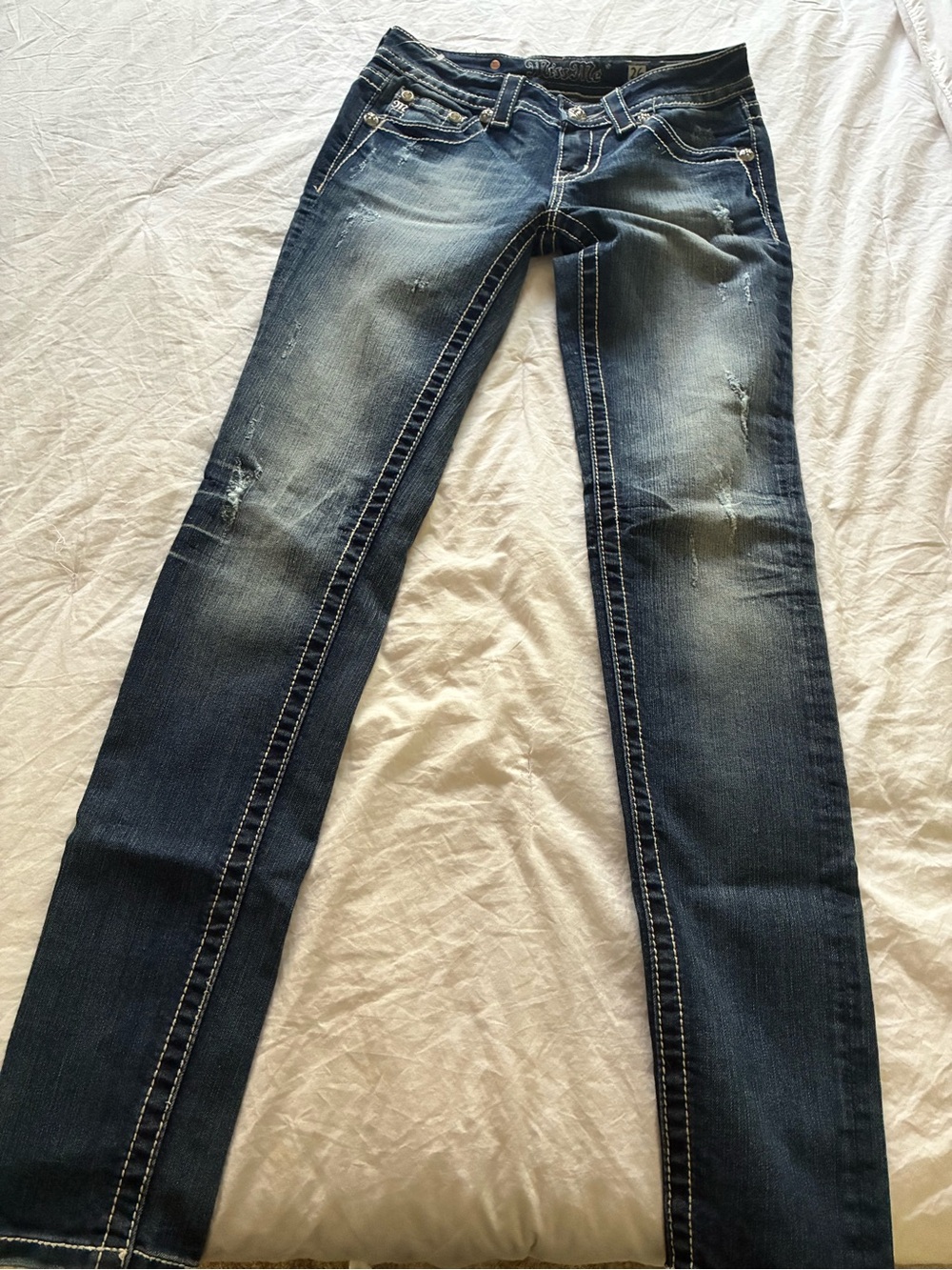 ROCK REVIVAL SIZE 24- women’s Distressed Slim Straight Jeans - Dark Blue